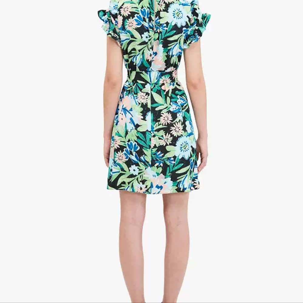 Kate Spade Full Bloom Belted Dress Ruffle Sleeves Floral Green Blue